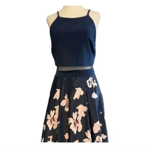 Betsy Adam Prom Dress Evening Grown Blue top, Floral skirt Faux 2 Piece w/ Mesh - Picture 5 of 8